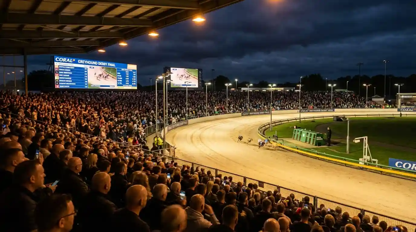 English Greyhound Derby race night atmosphere at the track