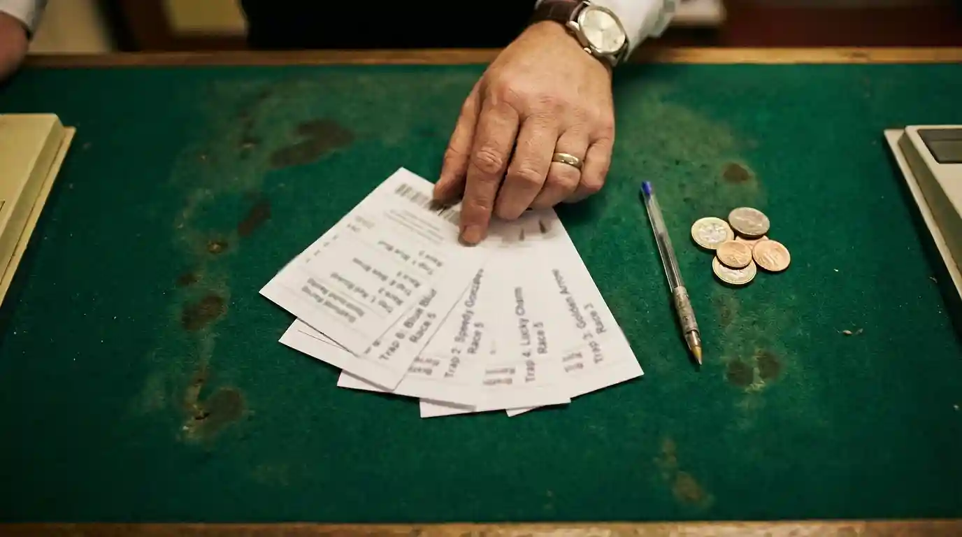 Greyhound accumulator betting slip linking multiple race selections