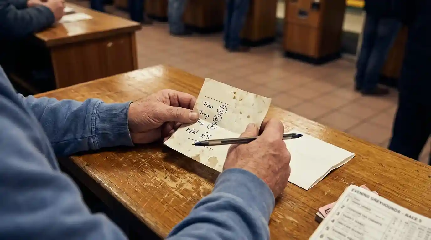 Punter reviewing a greyhound bet slip with forecast and tricast selections