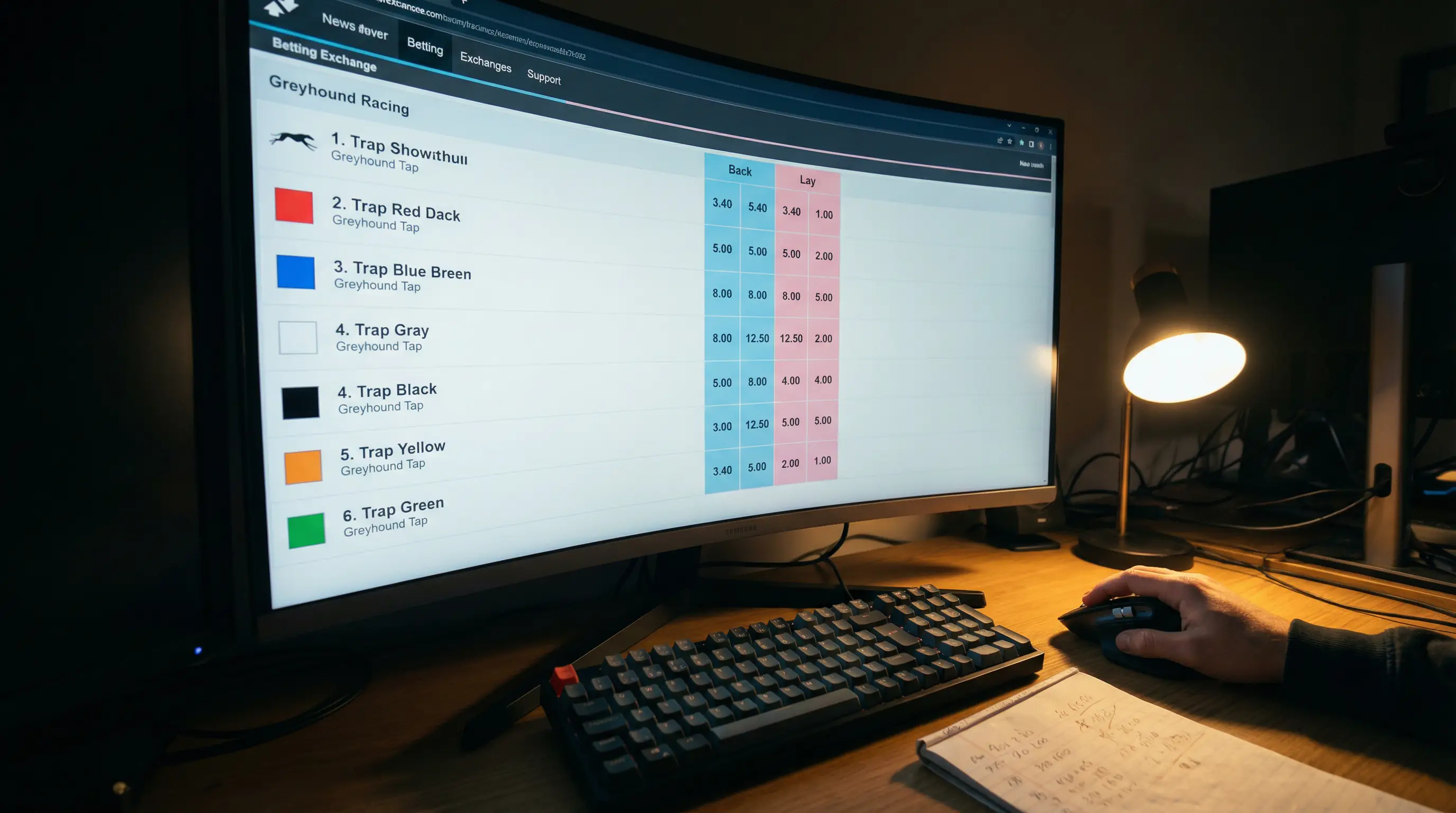 Betting exchange interface showing back and lay prices for a greyhound race