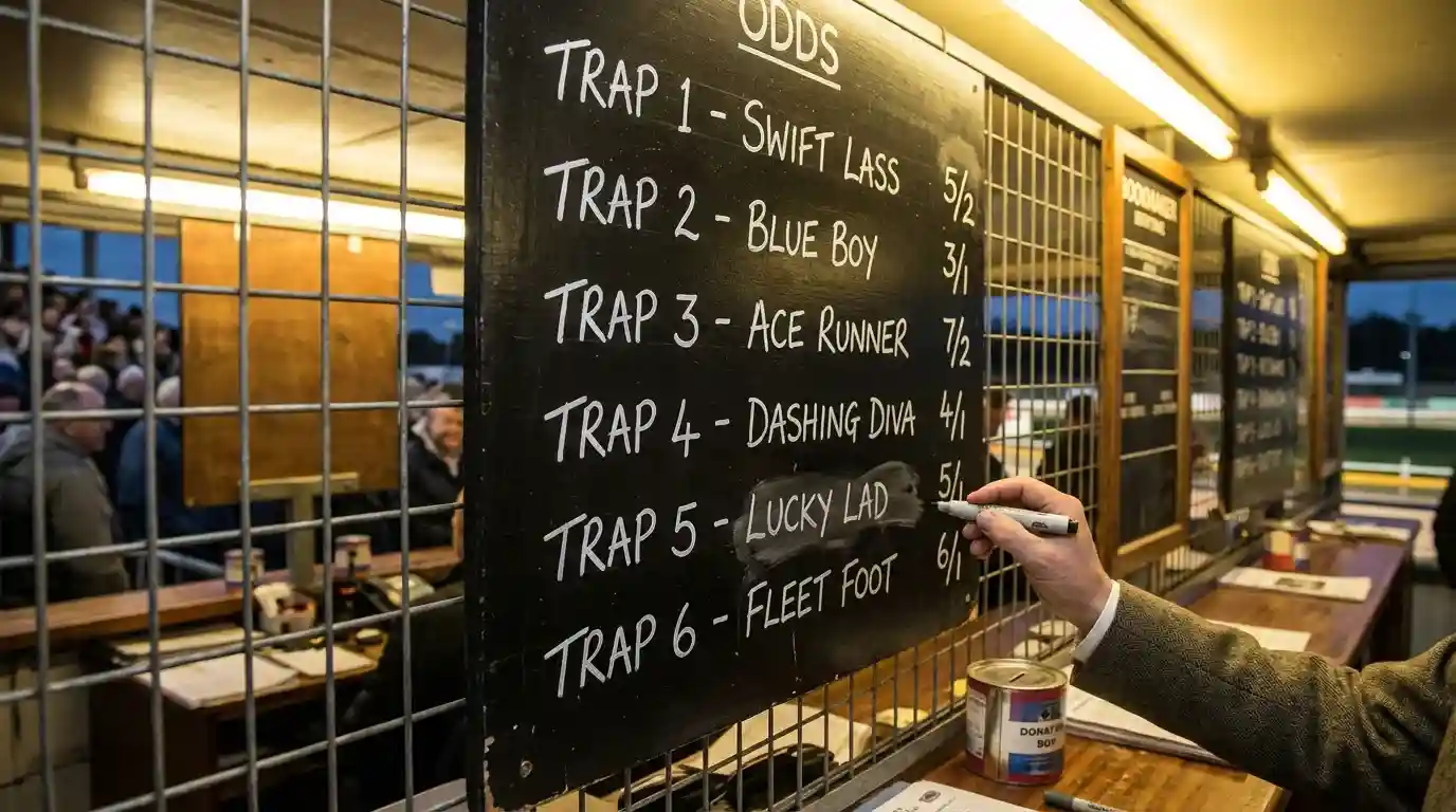Bookmaker odds board showing greyhound racing fractional and decimal prices