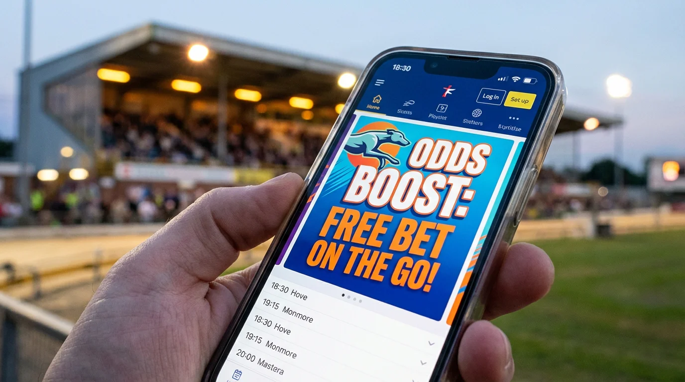 Greyhound betting promotional offers displayed on a bookmaker screen