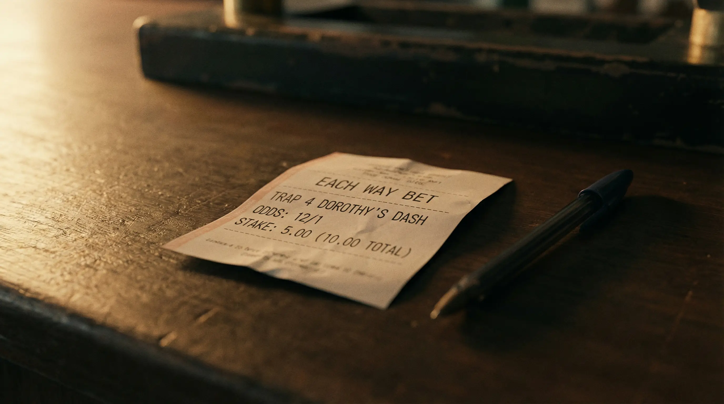 Each-way betting slip for a UK greyhound race showing win and place components