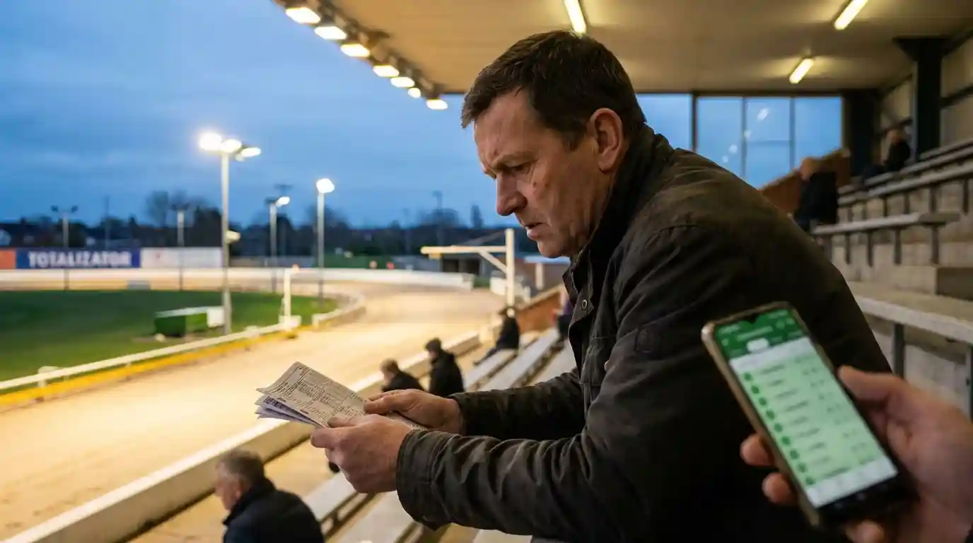 Punter studying greyhound form data before placing a bet at the track