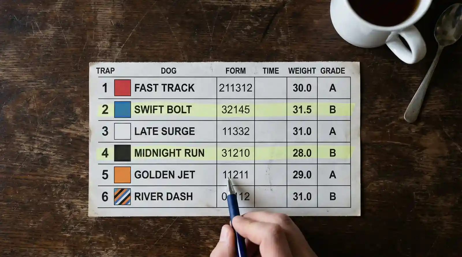 Close-up of a greyhound race card showing form figures and trap data