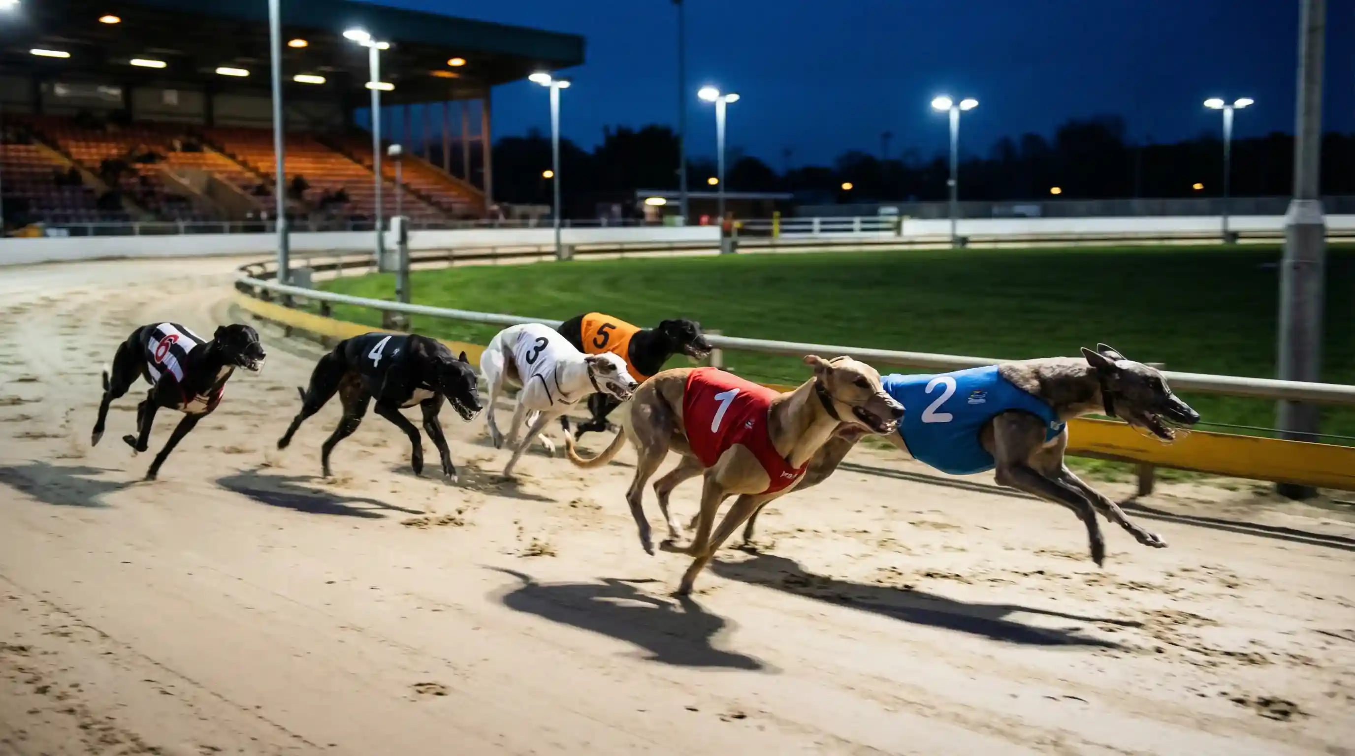 Greyhound racing at a UK track under floodlights at night