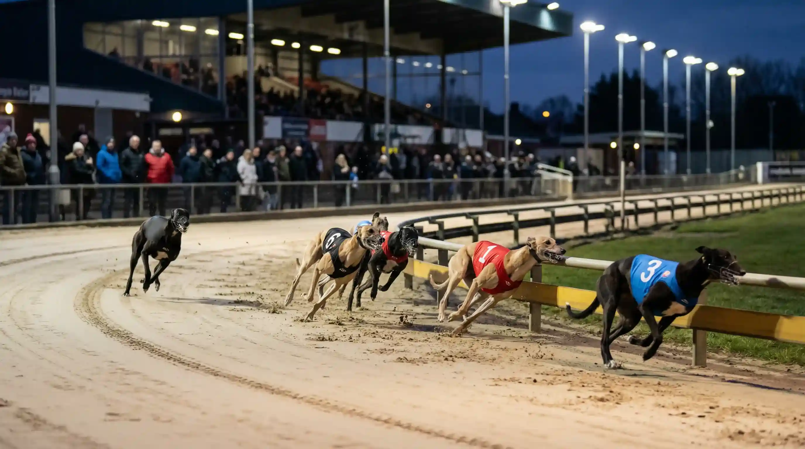 Greyhound running styles — railer, wide runner, and closer approaching the bend