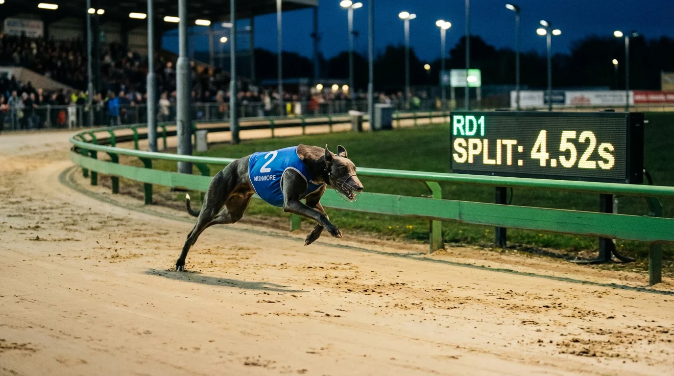 Greyhound sectional times display showing split data at a UK track