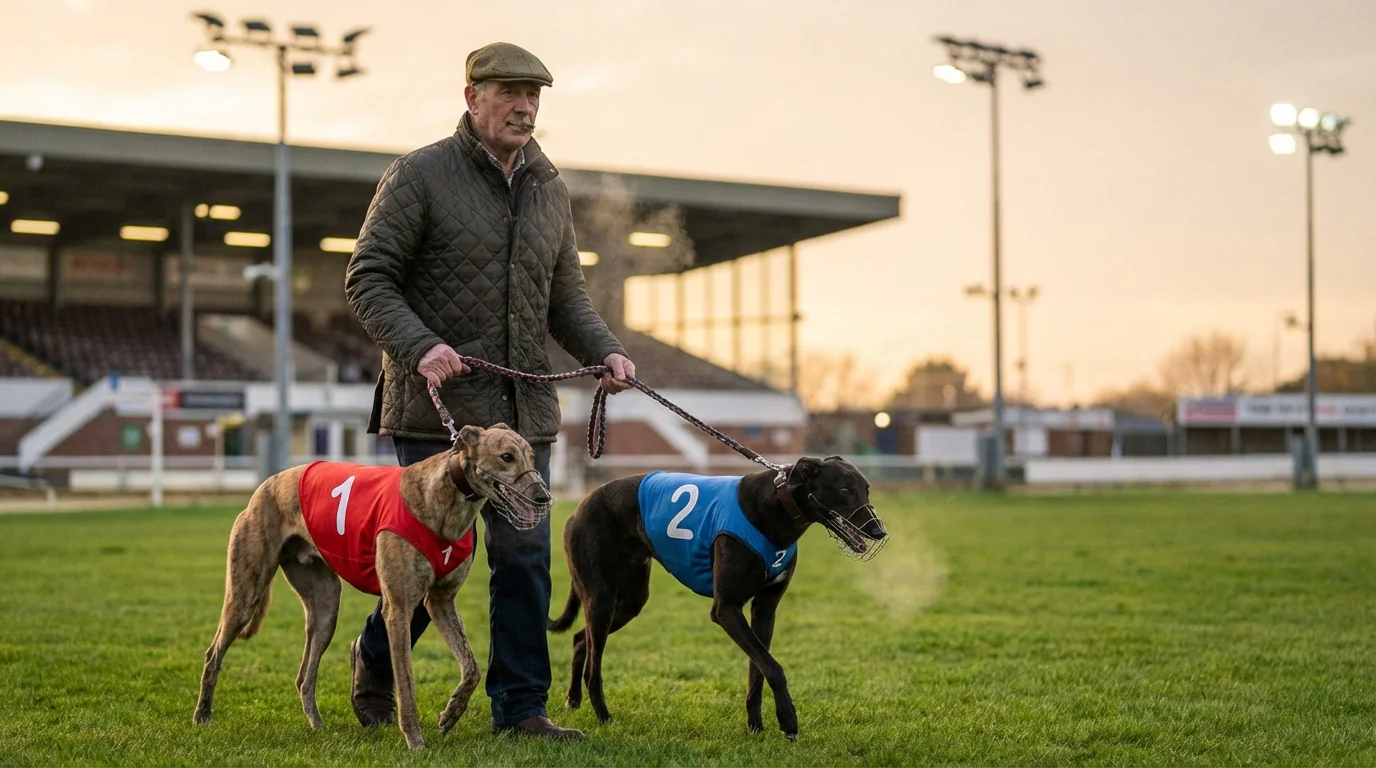 Greyhound trainer with racing dogs at a UK kennel facility