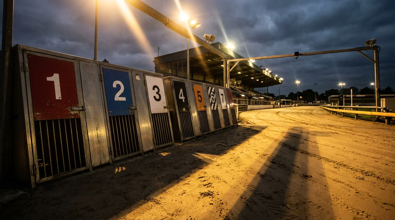 Greyhound traps at a UK track showing numbered starting boxes