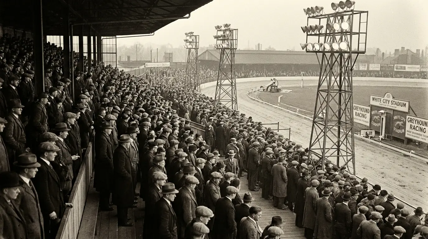 Historic black and white photograph of early UK greyhound racing