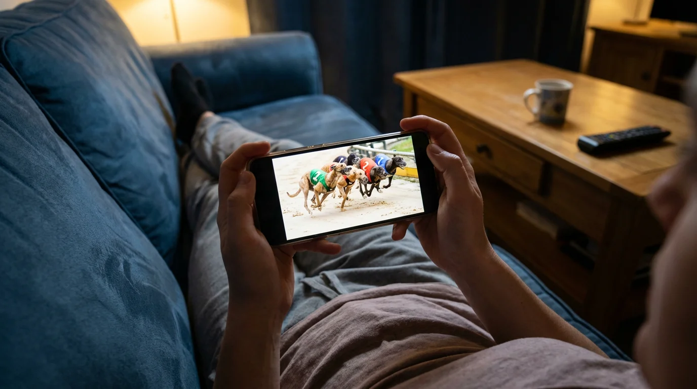 Live stream of a UK greyhound race on a mobile betting app