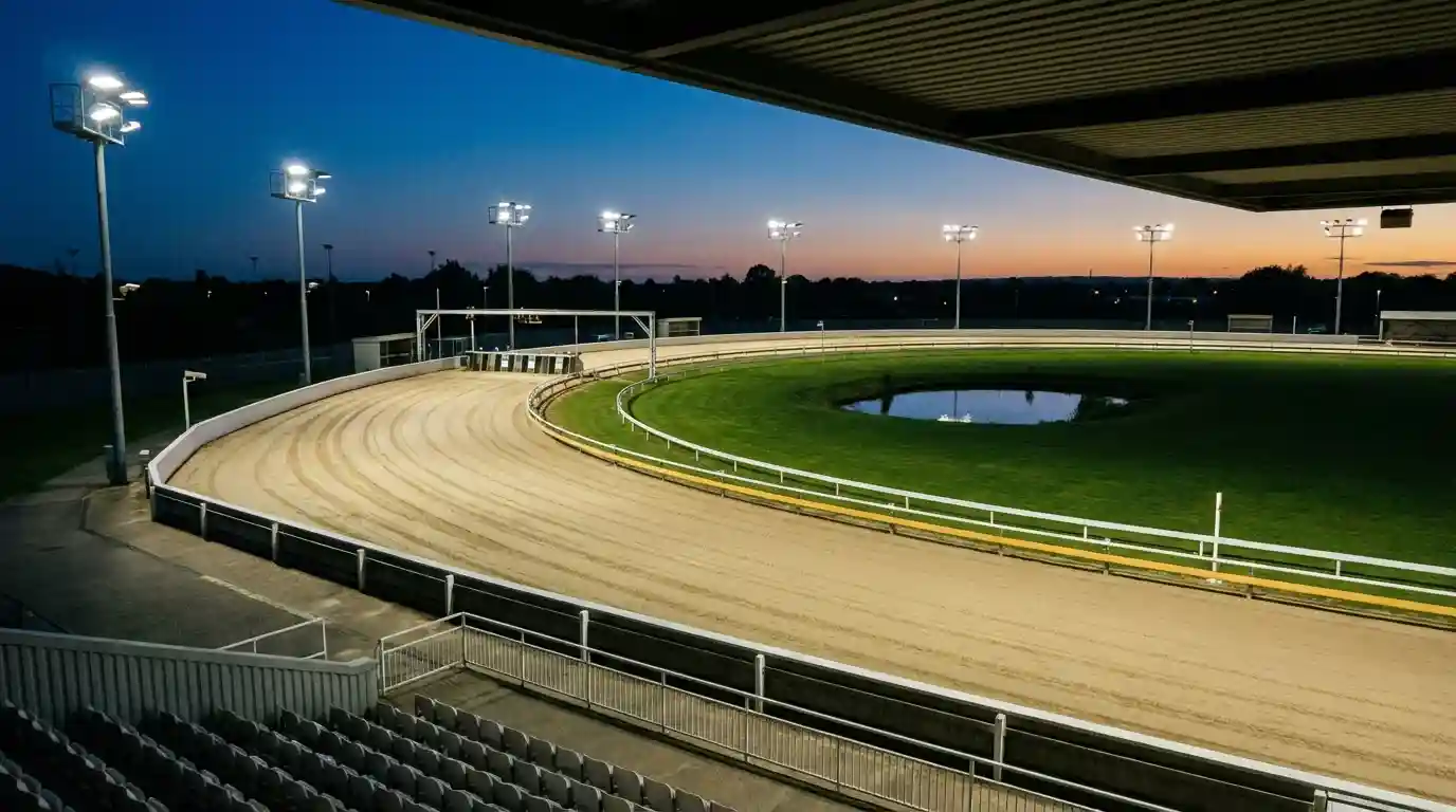 Aerial view of a UK greyhound racing stadium with sand track and floodlights